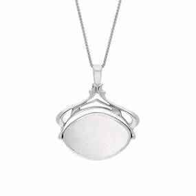 9ct White Gold Whitby Jet Mother Of Pearl Marquise Swivel Fob Necklace