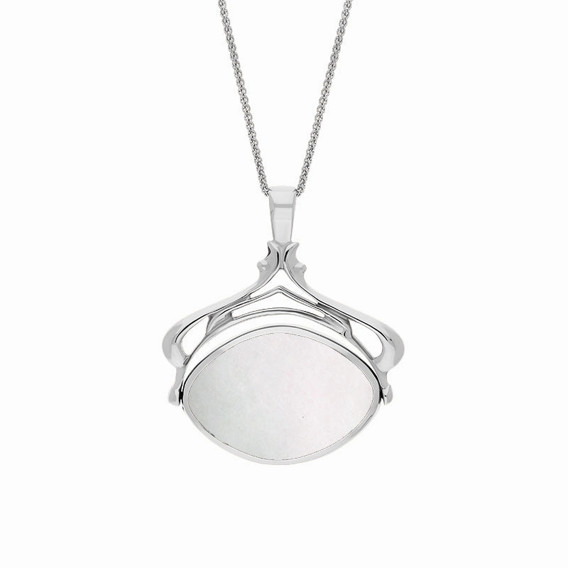 9ct White Gold Whitby Jet Mother Of Pearl Marquise Swivel Fob Necklace