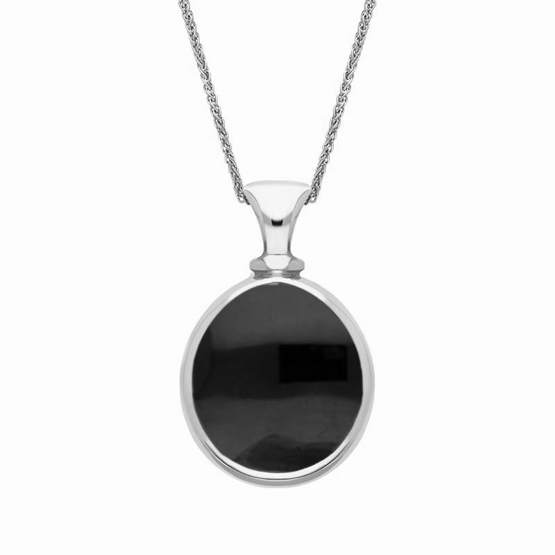 9ct White Gold Whitby Jet Mother Of Pearl Small Double Sided Pear Fob Necklace