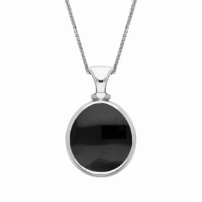 9ct White Gold Whitby Jet Mother Of Pearl Small Double Sided Pear Fob Necklace