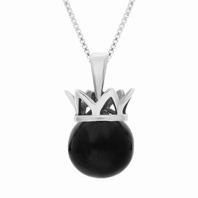 9ct White Gold Whitby Jet Royal Coronet 11mm Bead Pendant
