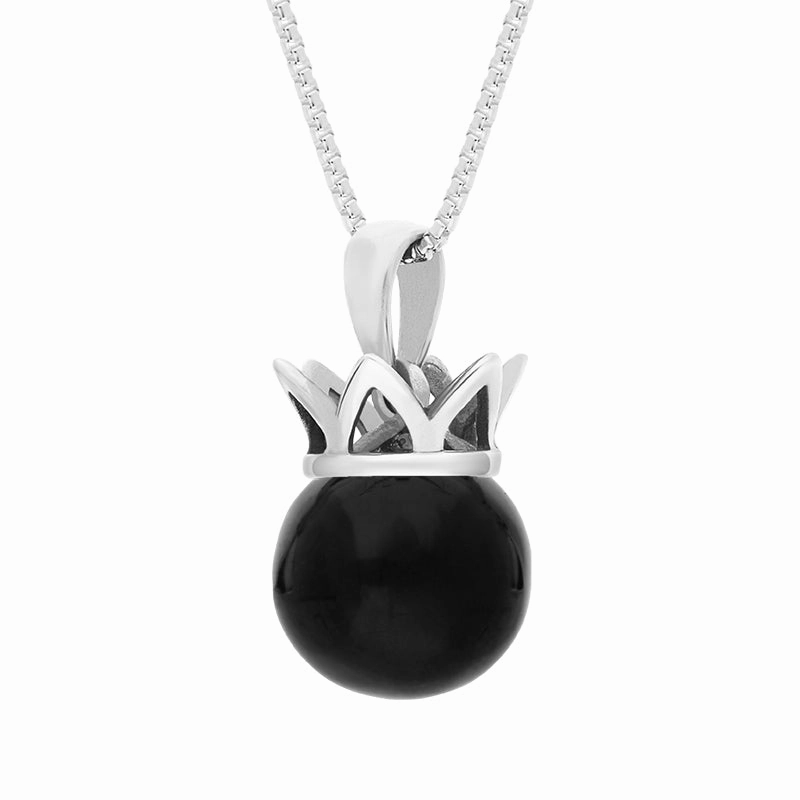 9ct White Gold Whitby Jet Royal Coronet 11mm Bead Pendant