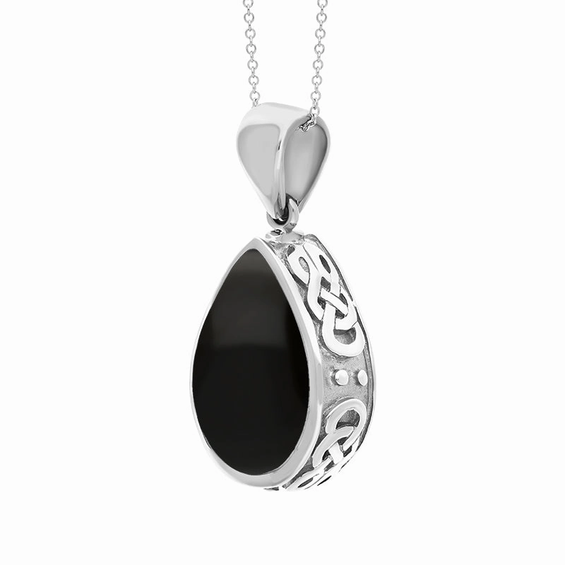 9ct White Gold Whitby Jet Turquoise Double Sided Celtic Pear Cut Fob Necklace