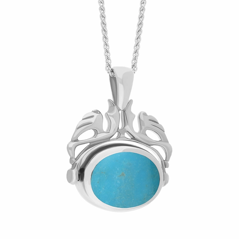 9ct White Gold Whitby Jet Turquoise Double Sided Oval Swivel Fob Necklace