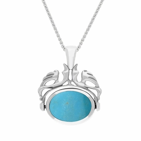 9ct White Gold Whitby Jet Turquoise Double Sided Oval Swivel Fob Necklace