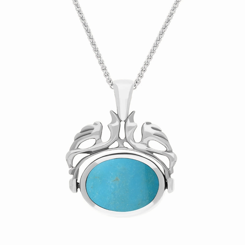 9ct White Gold Whitby Jet Turquoise Double Sided Oval Swivel Fob Necklace