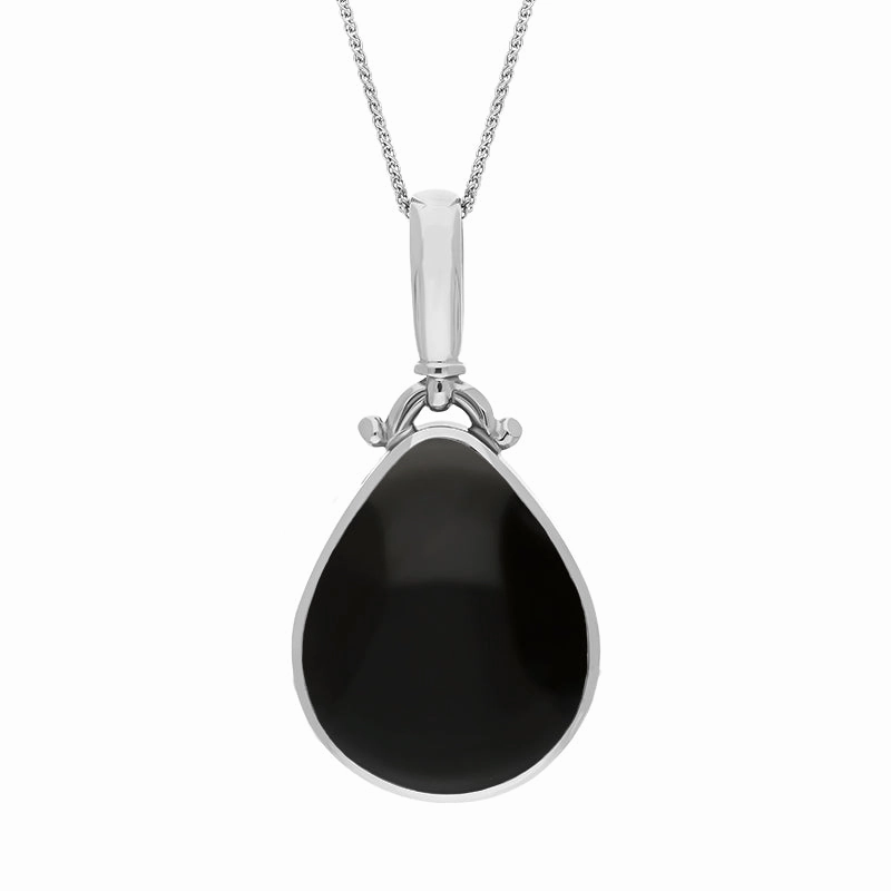 9ct White Gold Whitby Jet Turquoise Double Sided Pear Fob Necklace