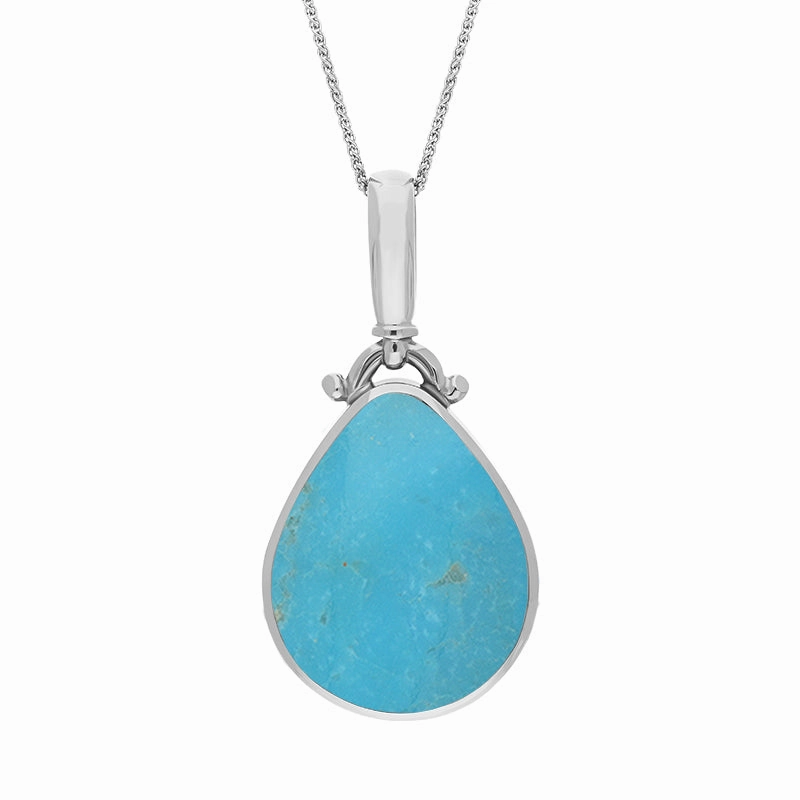 9ct White Gold Whitby Jet Turquoise Double Sided Pear Fob Necklace