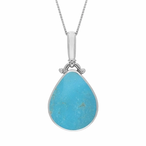 9ct White Gold Whitby Jet Turquoise Double Sided Pear Fob Necklace