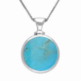 9ct White Gold Whitby Jet Turquoise Double Sided Round Dinky Fob Necklace