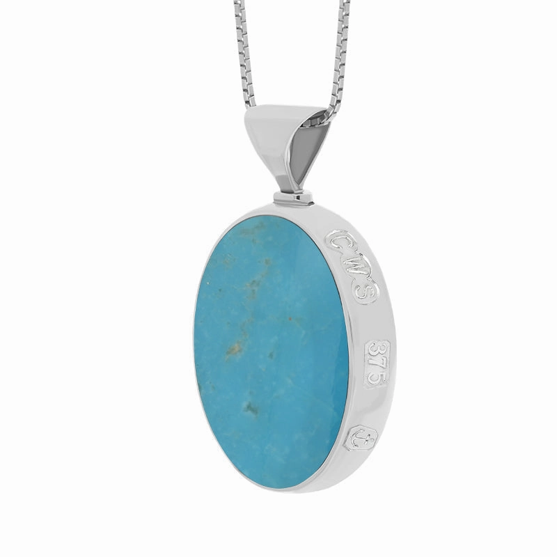 9ct White Gold Whitby Jet Turquoise King's Coronation Hallmark Double Sided Oval Necklace D