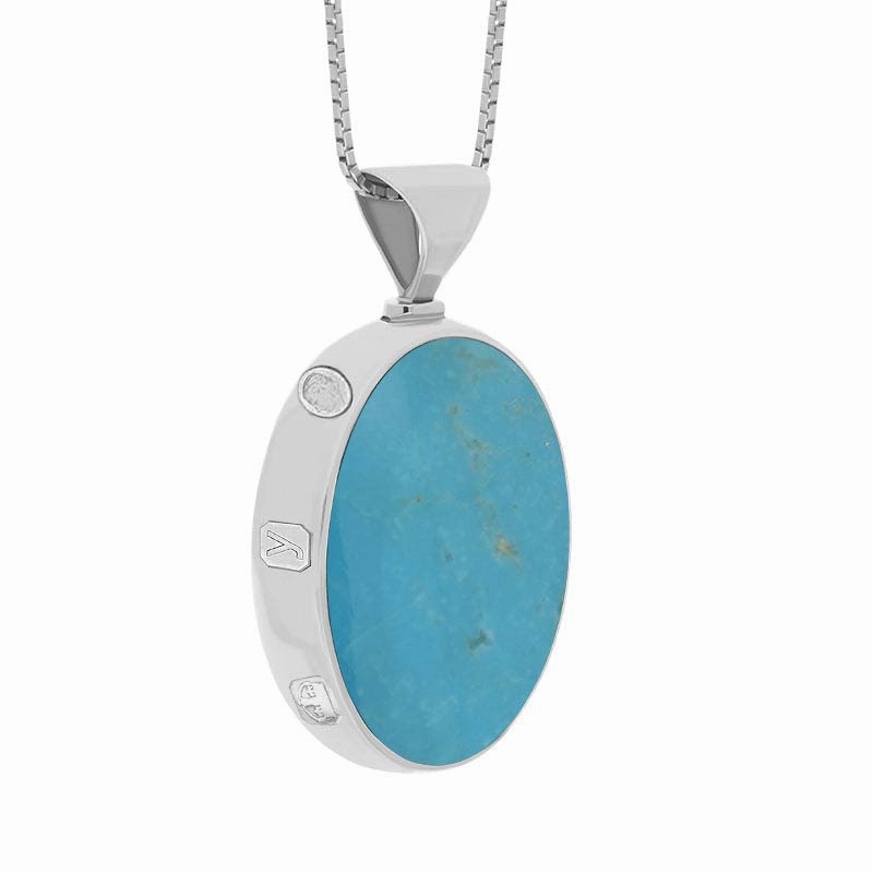 9ct White Gold Whitby Jet Turquoise King's Coronation Hallmark Double Sided Oval Necklace D