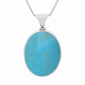 9ct White Gold Whitby Jet Turquoise King's Coronation Hallmark Double Sided Oval Necklace D