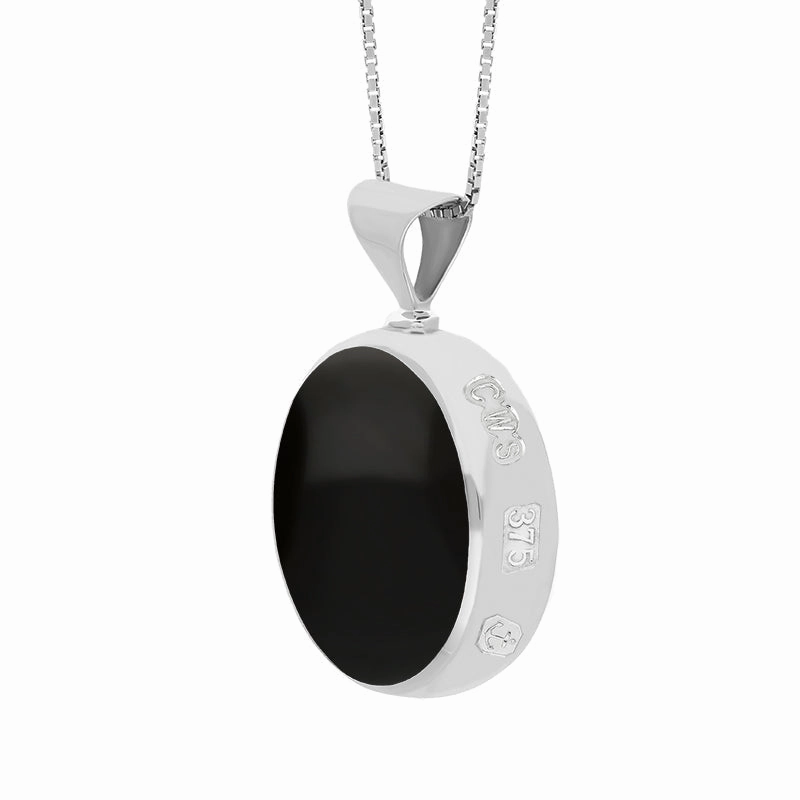9ct White Gold Whitby Jet Turquoise King's Coronation Hallmark Double Sided Round Necklace D