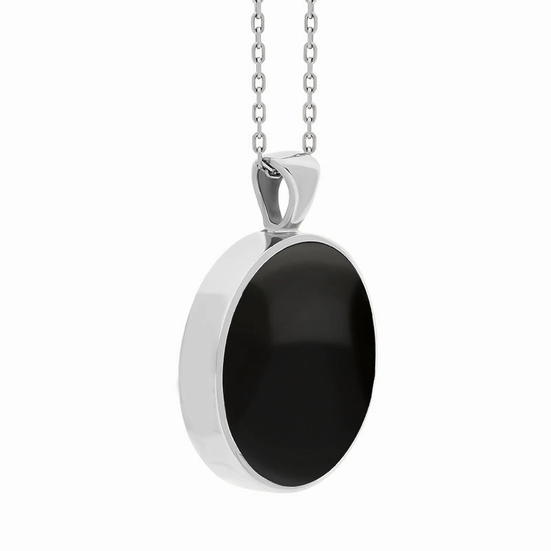 9ct White Gold Whitby Jet Turquoise Large Double Sided Round Fob Necklace