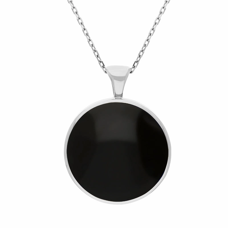 9ct White Gold Whitby Jet Turquoise Large Double Sided Round Fob Necklace