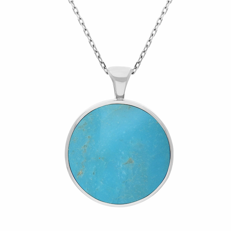 9ct White Gold Whitby Jet Turquoise Large Double Sided Round Fob Necklace
