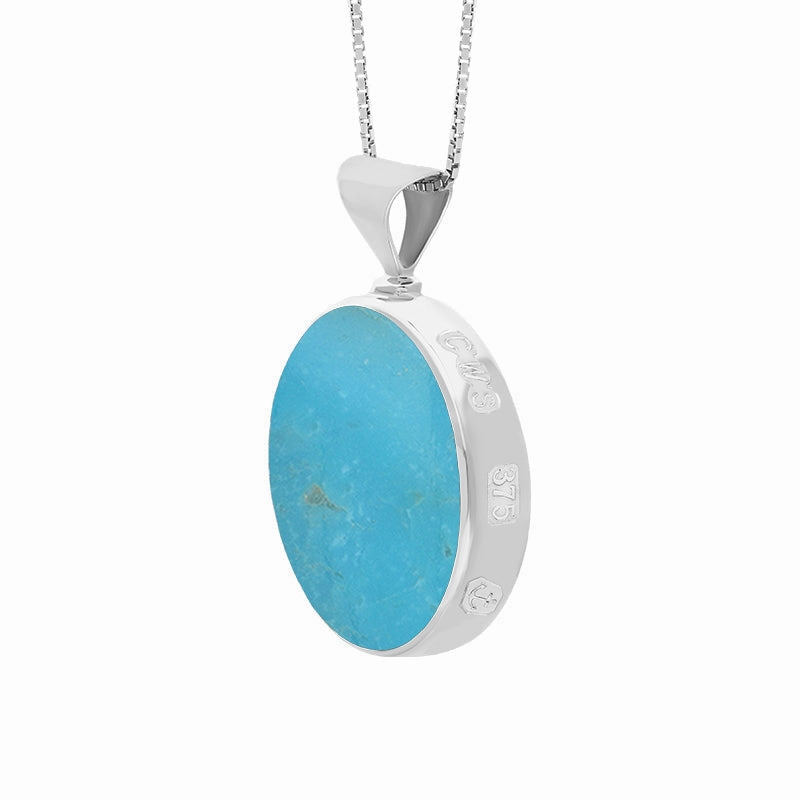 9ct White Gold Whitby Jet Turquoise Queens Jubilee Hallmark Double Sided Round Necklace D