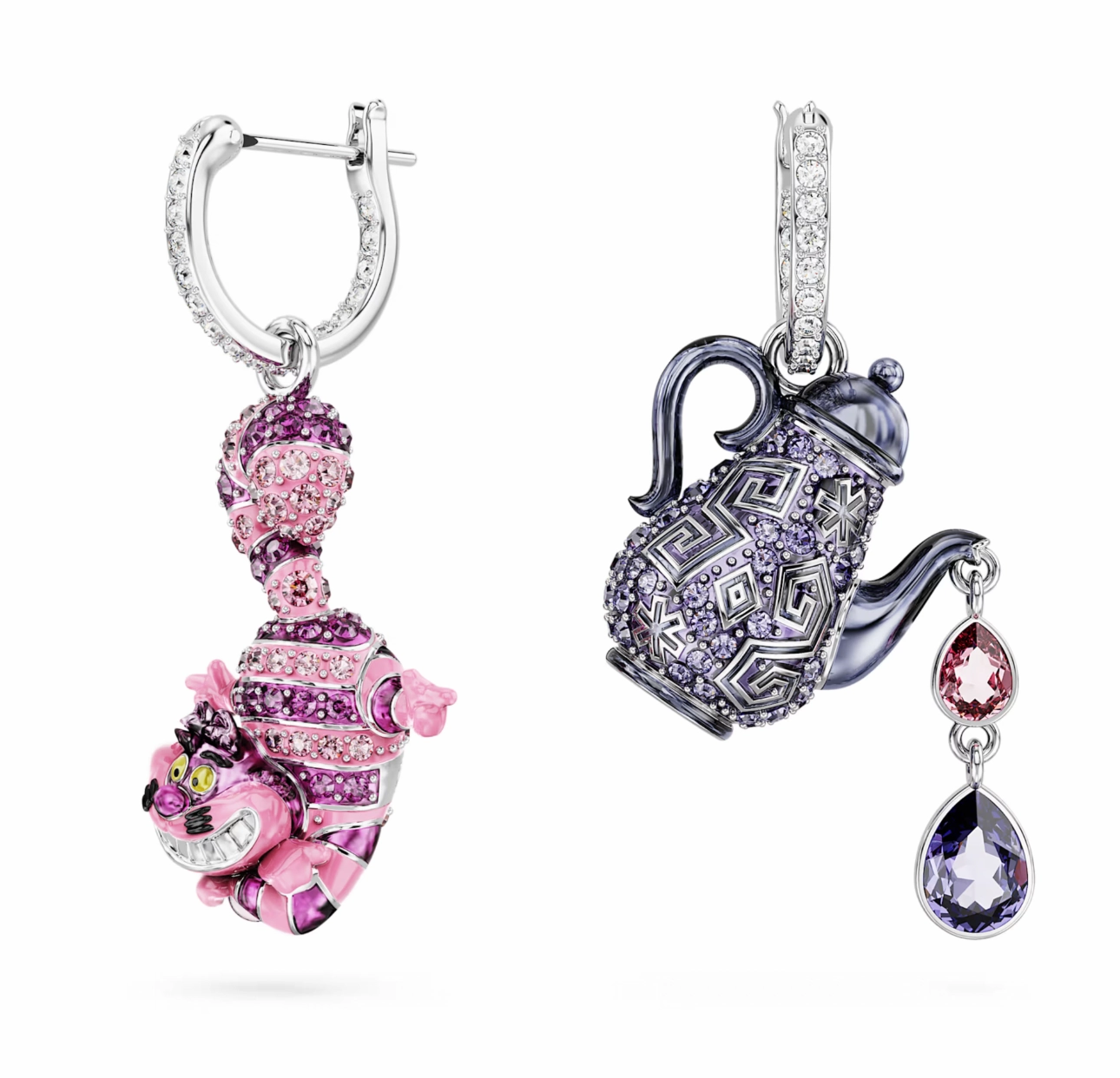 Alice in Wonderland Asymmetrical Design Cat and teapot Multicoloured Drop Earrings