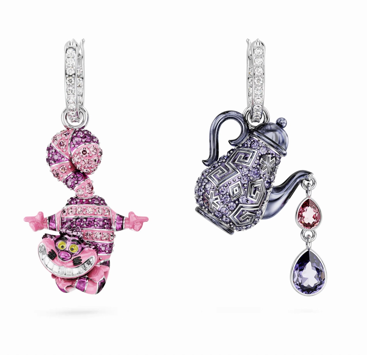 Alice in Wonderland Asymmetrical Design Cat and teapot Multicoloured Drop Earrings