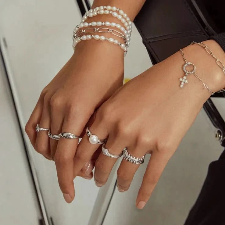 Ania Haie Silver Freshwater Pearl White Cubic Zirconia Bezel Set Bracelet B058-05H