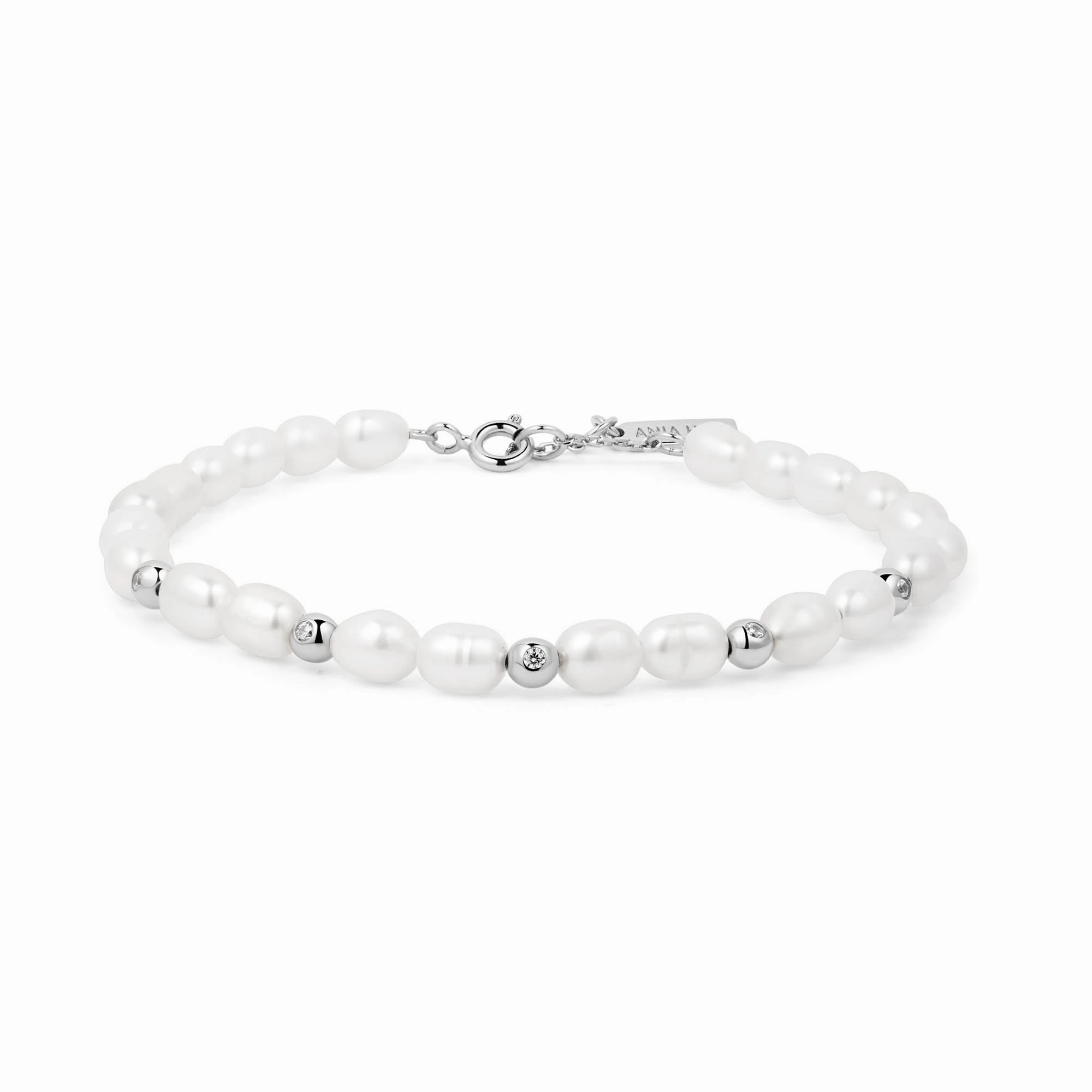 Ania Haie Silver Freshwater Pearl White Cubic Zirconia Bezel Set Bracelet B058-05H