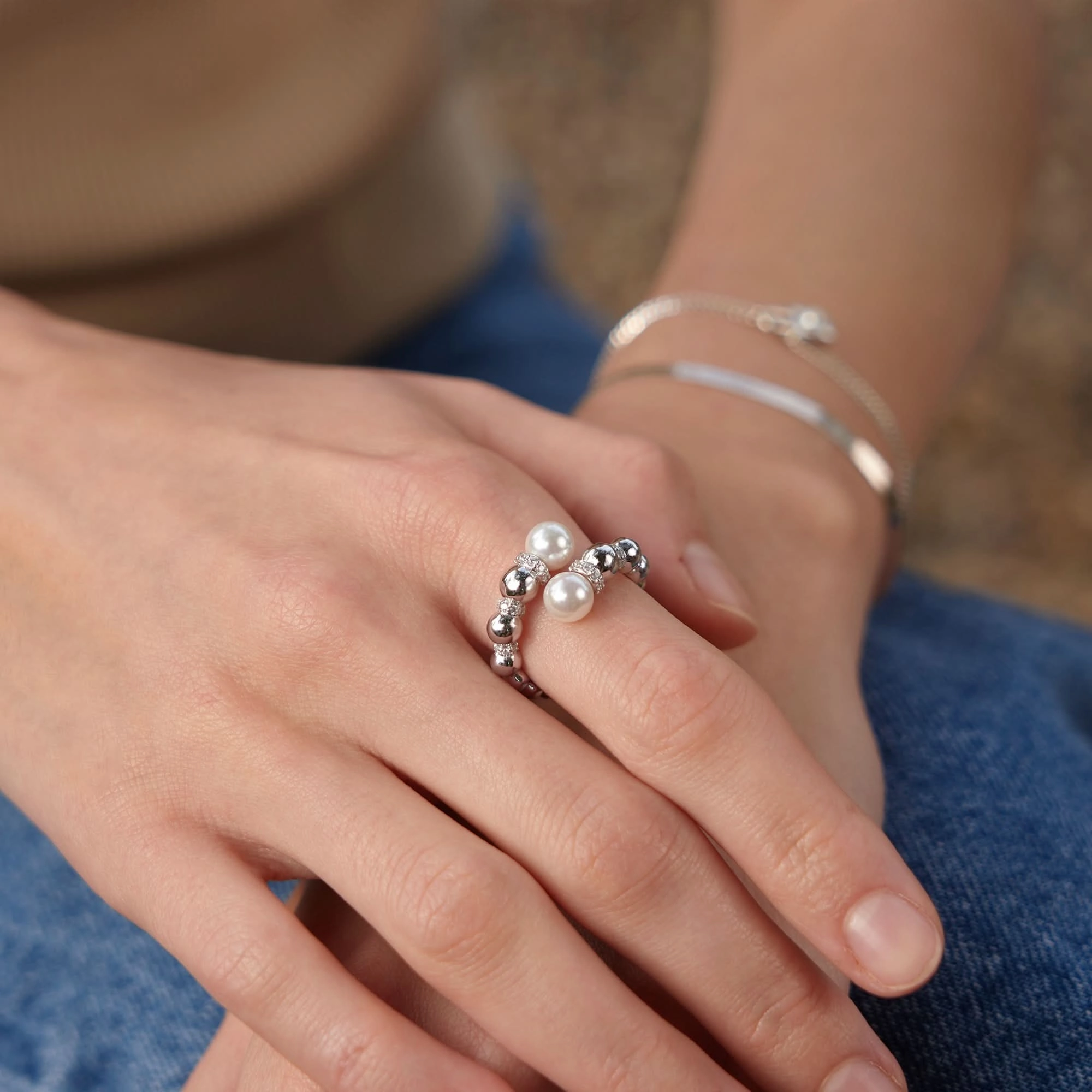 Ania Haie Silver Pearl Sparkle Wrap Ring R054-05H