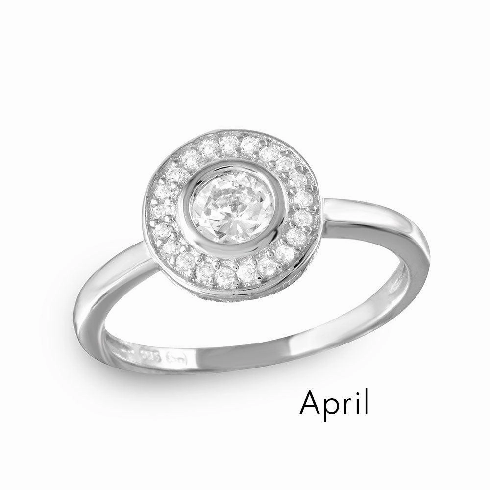 April Sterling Silver 925 Rhodium Plated CZ Center Birthstone Halo Ring - BGR01082APR
