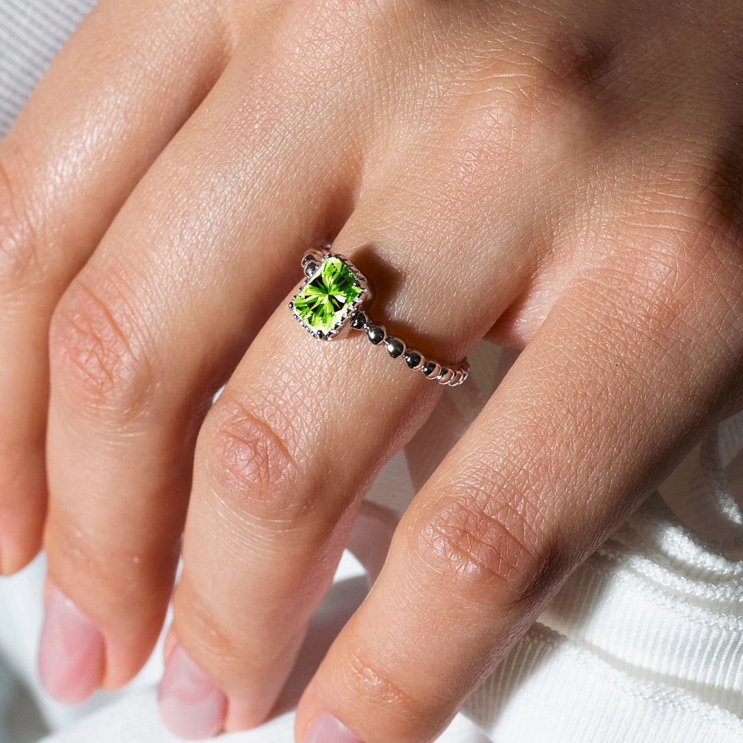 August Sterling Silver 925 Rhodium Plated Beaded Shank Square Center Birthstone Ring - BGR01081AUG