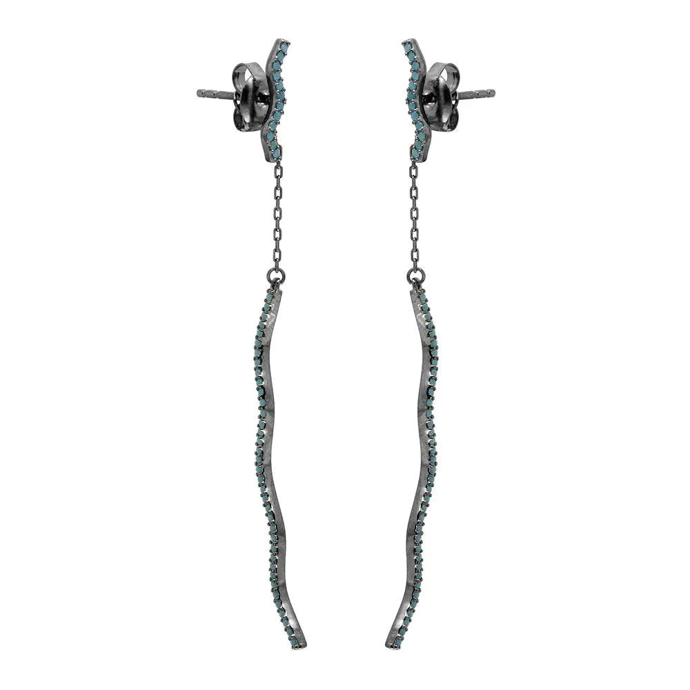Black Rhodium Plated 925 Sterling Silver Hanging Wavy Turquoise Stones Drop Earrings - GME00083BLK