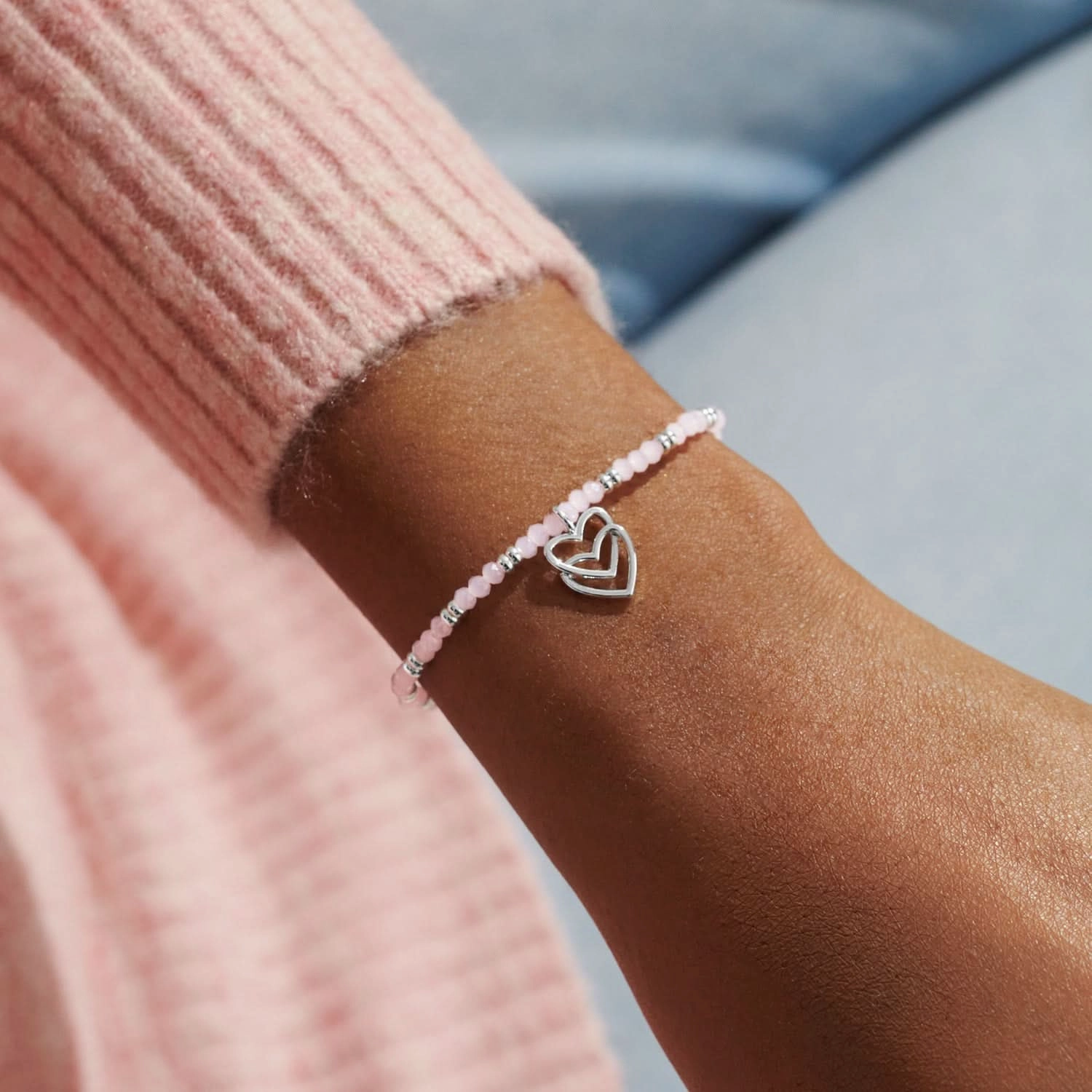 Boho Beads Double Heart Pink Silver Plated Bracelet 7778