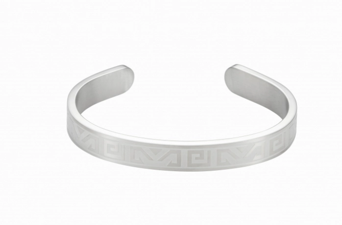 Brushed Stainless Steel Bangle & Cuff with Greek Key Pattern