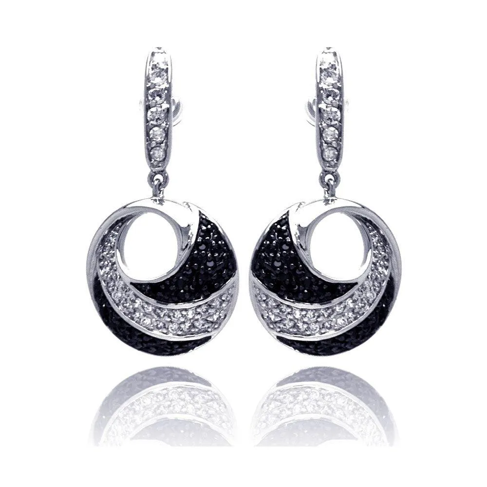 Clearance-Silver 925 Black and Silver Rhodium Plated Open Circle Black and Clear CZ Earrings - BGE00128