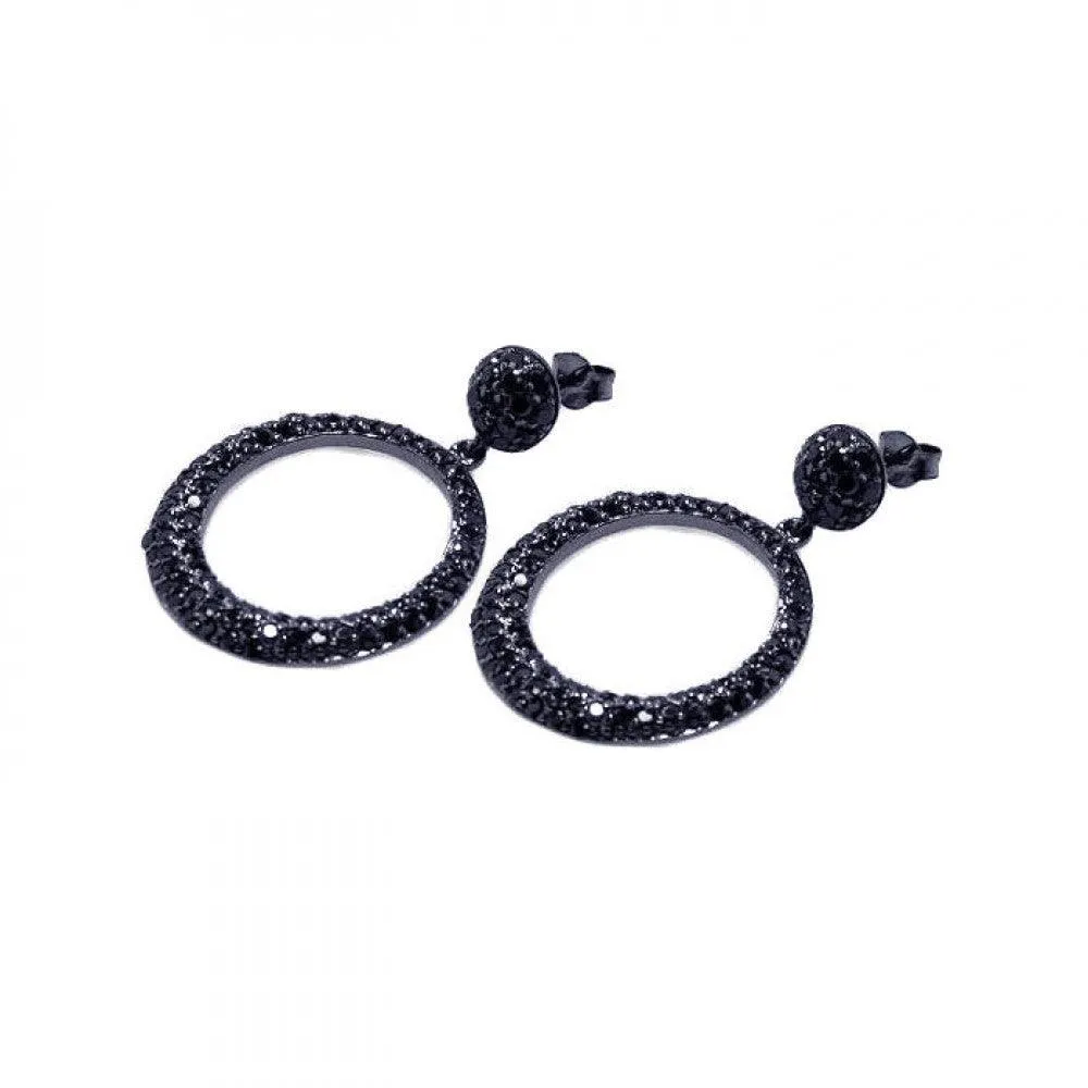 Clearance-Silver 925 Black Rhodium Plated Round Black CZ Dangling Earrings - STE00277
