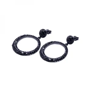 Clearance-Silver 925 Black Rhodium Plated Round Black CZ Dangling Earrings - STE00277