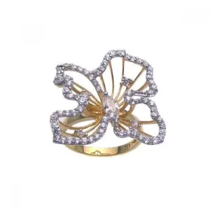 Clearance-Silver 925 Gold Plated CZ Open Flower Ring - STR00619