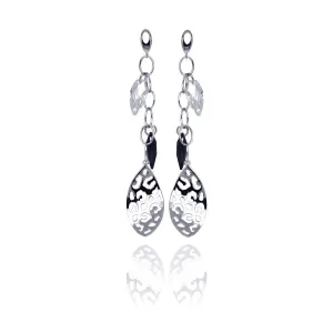 Clearance-Silver 925 Rhodium Plated Black and Clear Marquise CZ Flat Filigree Wire Dangling Stud Earrings - STE00290BLK