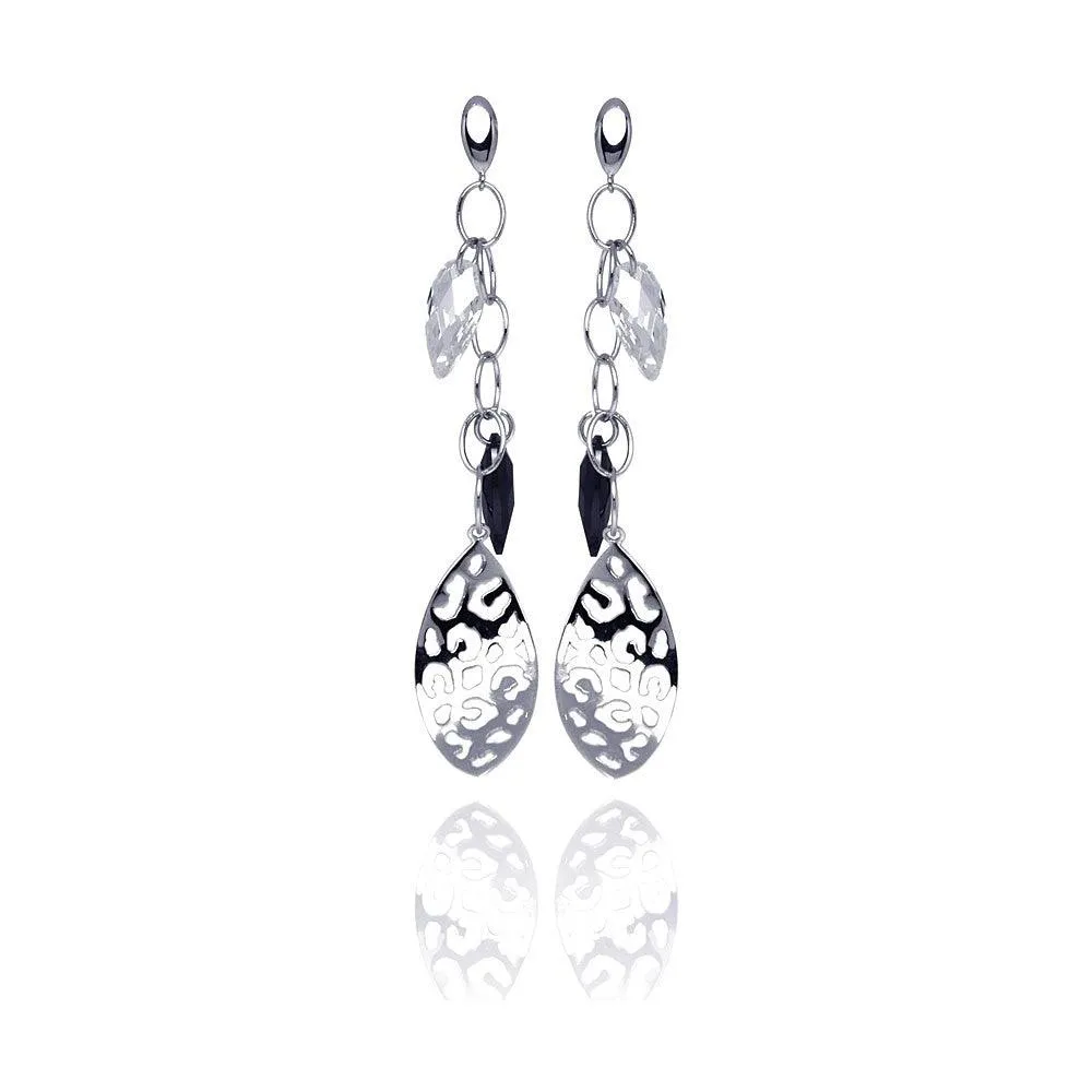 Clearance-Silver 925 Rhodium Plated Black and Clear Marquise CZ Flat Filigree Wire Dangling Stud Earrings - STE00290BLK