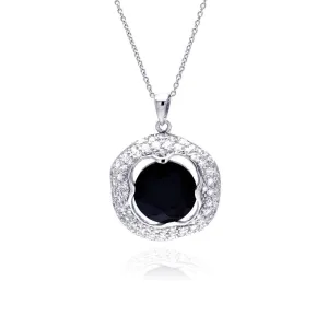 Clearance-Silver 925 Rhodium Plated Clear CZ and Onyx Pendant Necklace - STP01149