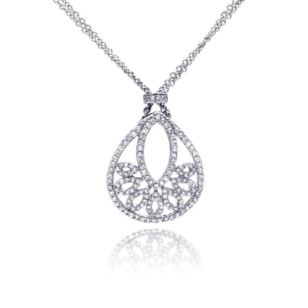 Clearance-Silver 925 Rhodium Plated Clear CZ Drop Shape Pendant Necklace - STP00619
