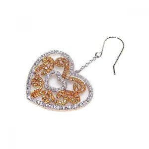 Clearance-Silver 925 Rhodium Plated Clear Heart and Yellow Filigree CZ Wire Dangling Hook Earrings - STE00106