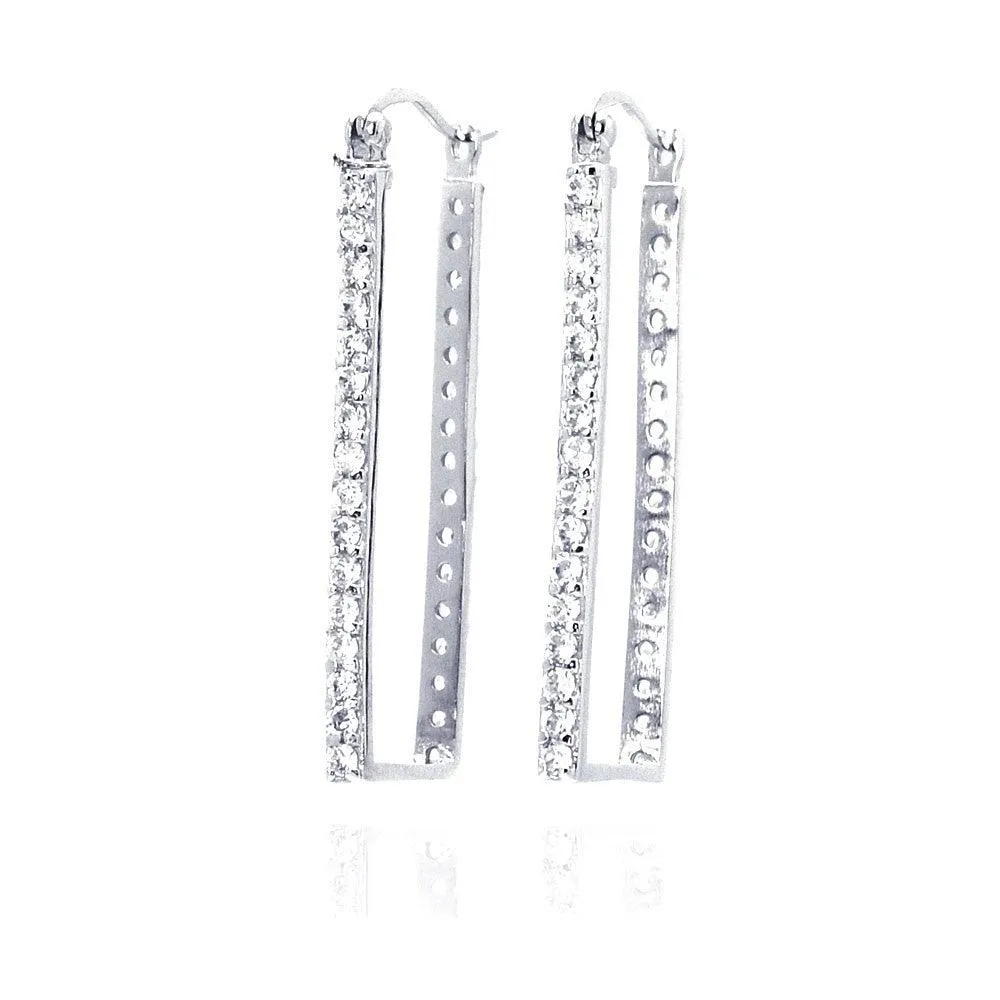 Clearance-Silver 925 Rhodium Plated CZ Rectangular Hoop Earrings - STE00032