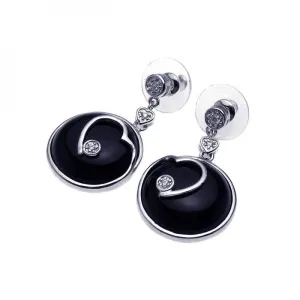 Clearance-Silver 925 Rhodium Plated Heart Black Onyx CZ Dangling Earrings - BGE00092