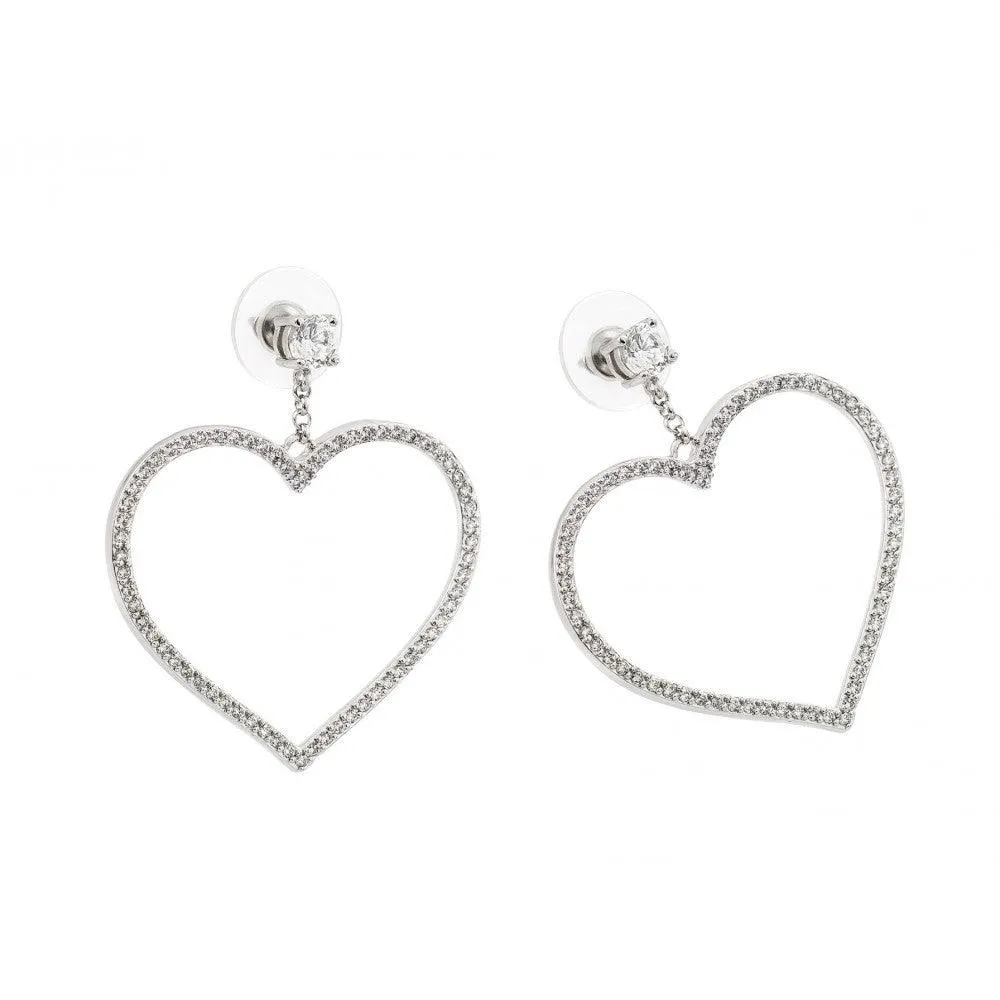 Clearance-Silver 925 Rhodium Plated Heart CZ Dangling Earrings - STE00511