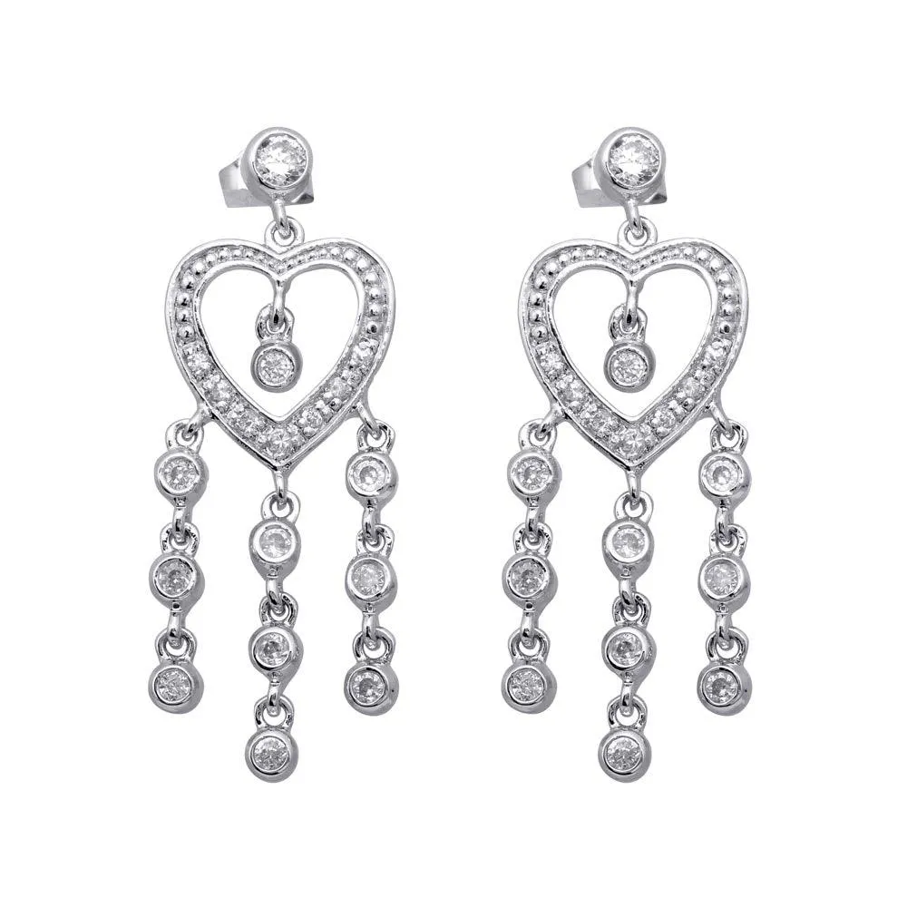Clearance-Silver 925 Rhodium Plated Heart CZ Three Strand Dangling Earrings - STE00169