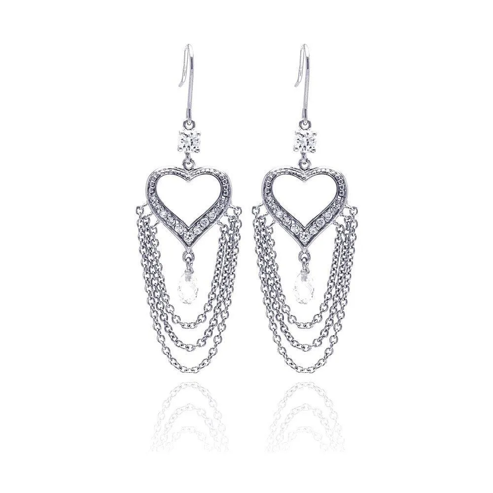 Clearance-Silver 925 Rhodium Plated Heart Shape Chandelier CZ Wire Dangling Hook Earrings - STE00096