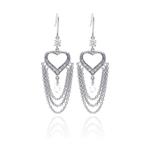 Clearance-Silver 925 Rhodium Plated Heart Shape Chandelier CZ Wire Dangling Hook Earrings - STE00096