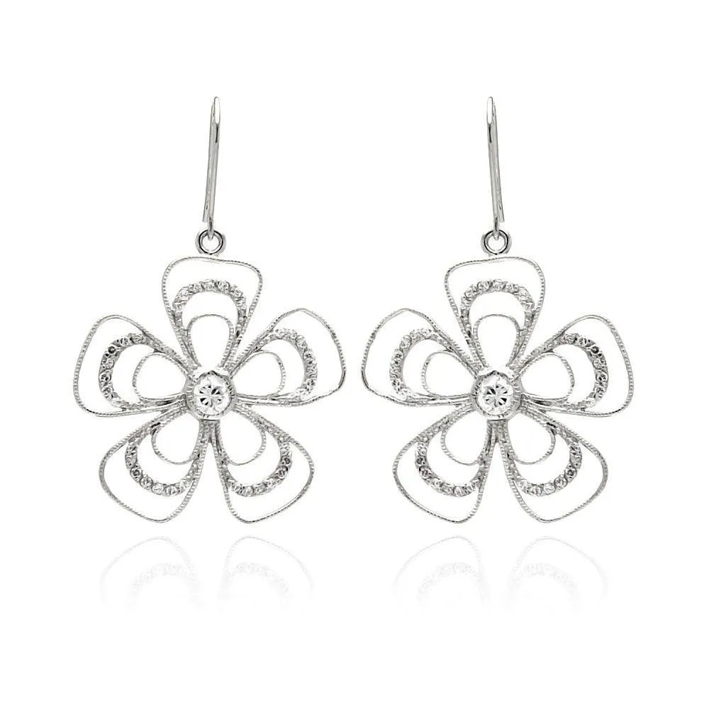 Clearance-Silver 925 Rhodium Plated Open Flower CZ Dangling Hook Earrings - BGE00232