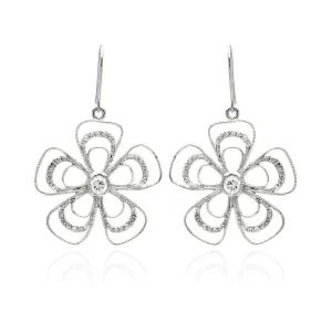 Clearance-Silver 925 Rhodium Plated Open Flower CZ Dangling Hook Earrings - BGE00232