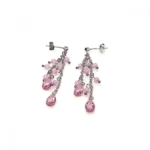 Clearance-Silver 925 Rhodium Plated Pink Oval CZ Wire Dangling Earrings - STE00066